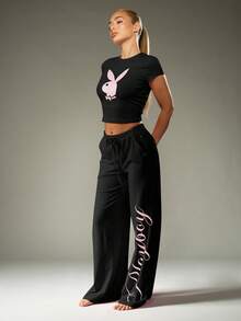 Missguided x Playboy Logo Cropped Tee And Wide Leg Drawstring Pants Sleepwear Pajama Set For Cozy Nights Loungewear - Black - View 4