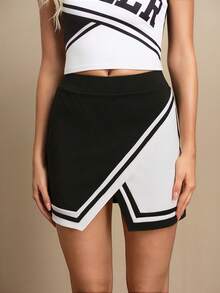Cheerettes 女士撞色不对称运动裙裤 - 黑與白 - 查看 1