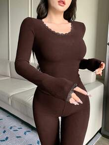 DAZY Women's Contrast Lace Long Sleeve Top And Pants Lingerie Set - Coffee Brown - View 2