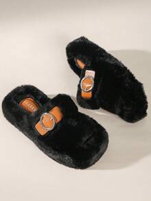 Solecia 女士毛绒魔术贴装饰平底舒适拖鞋，适合室内穿着，秋冬季 - 黑色 - 查看 4
