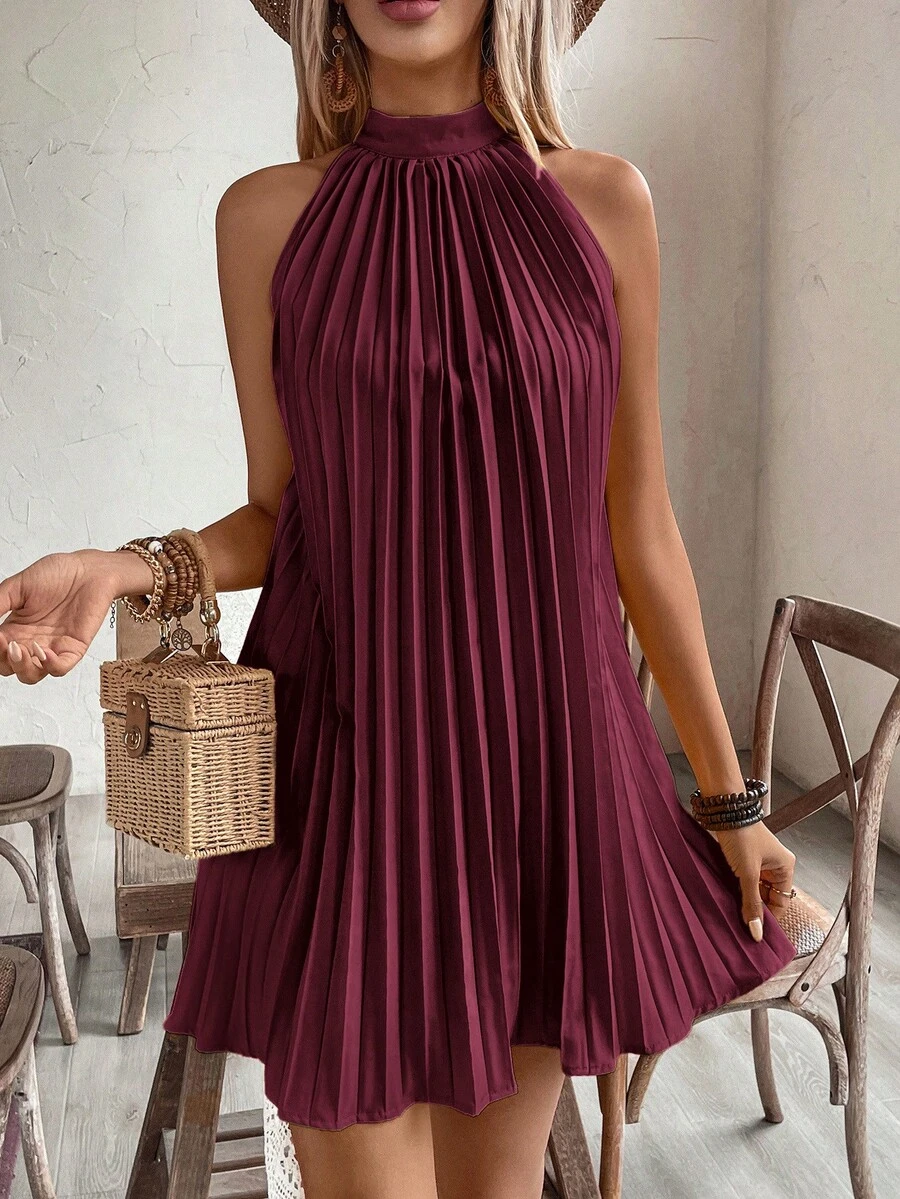 Breezaya Halter Off-Shoulder  Pleated Holiday Casual Dress For New Year Clothes Vacation Beach Outfits Women - Burgundy - View 1