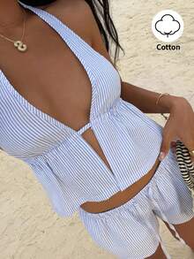 Sunnyshic 蓝白条纹亚麻深V露背吊带背心，低腰抽绳宽松休闲短款沙滩性感可爱优雅浪漫夏季女式上衣 - 藍色 - 查看 1