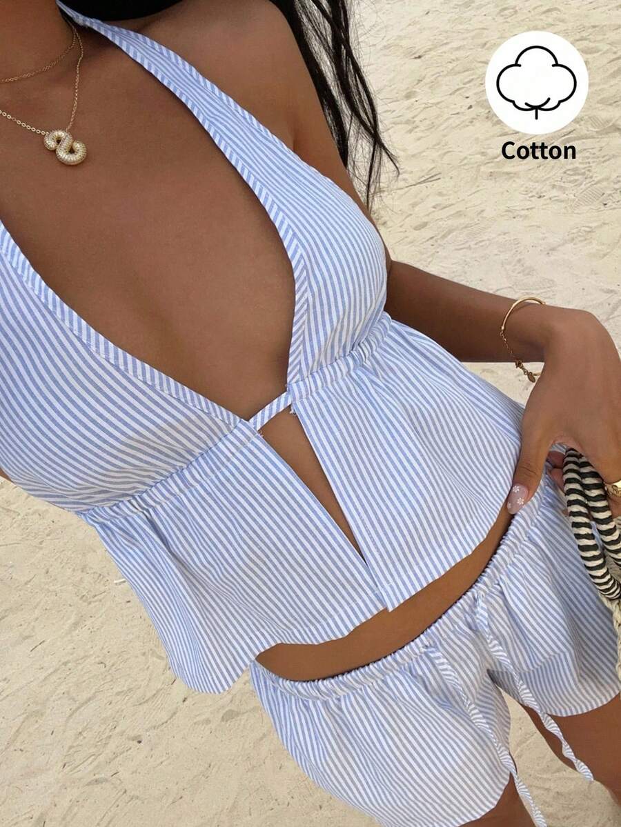 Sunnyshic 蓝白条纹亚麻深V露背吊带背心，低腰抽绳宽松休闲短款沙滩性感可爱优雅浪漫夏季女式上衣 - 藍色 - 查看 1