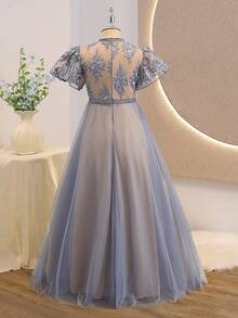 Tween Girl Mandarin Collar Puff Sleeve Lace Ruffle Hem Maxi Elegant Dress - Blue - View 2