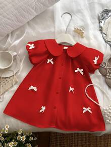 SHEIN Đầm tay ngắn cổ Peter Pan màu đỏ dễ thương cho bé gái, mùa hè - Đỏ - Xem 4