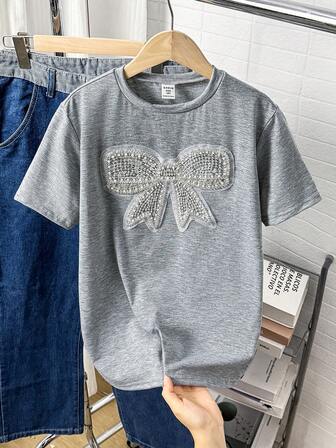 SHEIN 女童圆领T恤，舒适休闲圆领T恤，白色，可爱甜美风格，可爱蝴蝶结设计，适合日常休闲穿着，春夏款