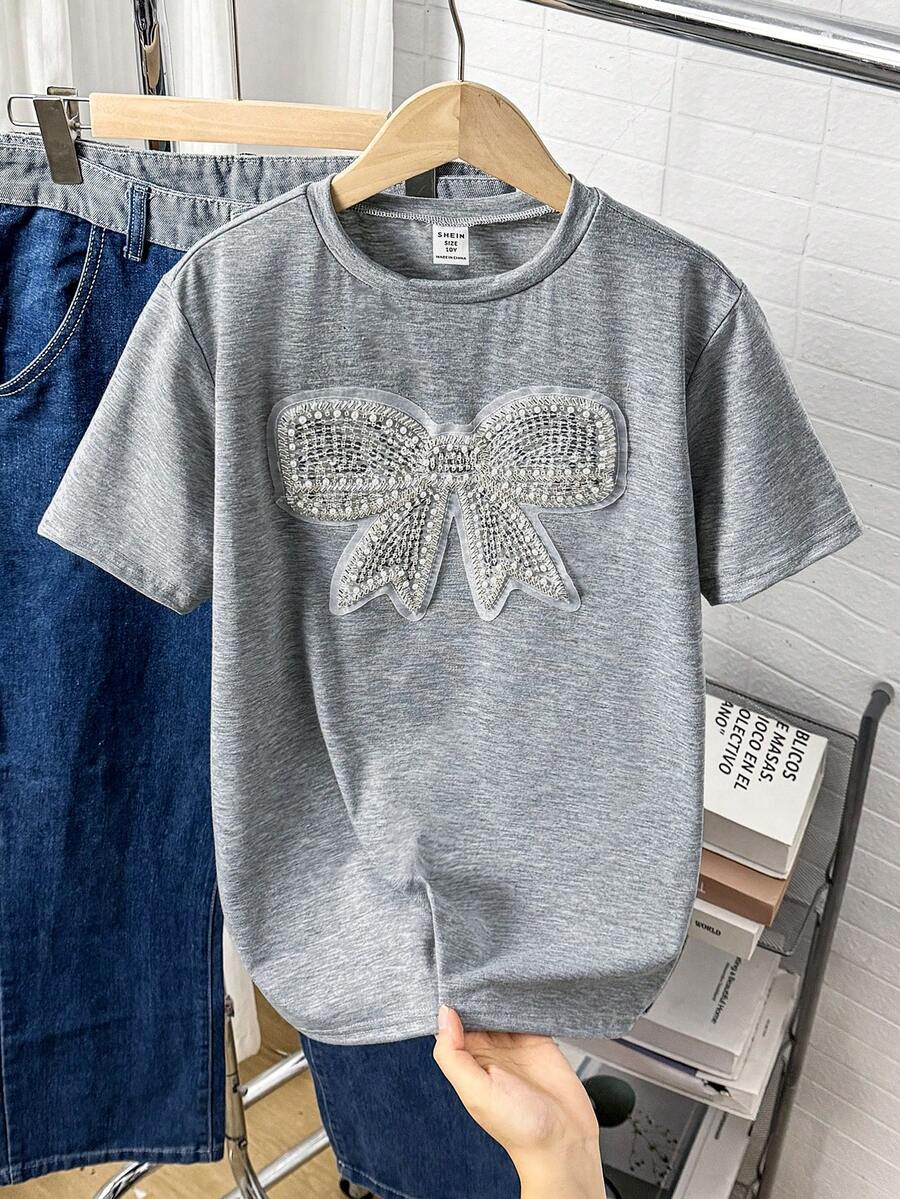 SHEIN Tween Girls Light Grey Round Neck Short Sleeve T-Shirt With Sequin Animal Bow Detail Regular Length Everyday Casual Top - Light Grey - View 1