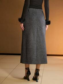 MOTF PREMIUM WOMEN'S HERRINGBONE PATTERN STRAIGHT WOOL BLEND SKIRT - Dark Grey - View 2