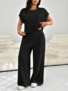 Solflare Bộ 2 món áo phông in họa tiết tay cánh dơi rộng rãi cỡ lớn + quần, trang phục thường ngày mùa xuân/hè - màu đen - Xem 1