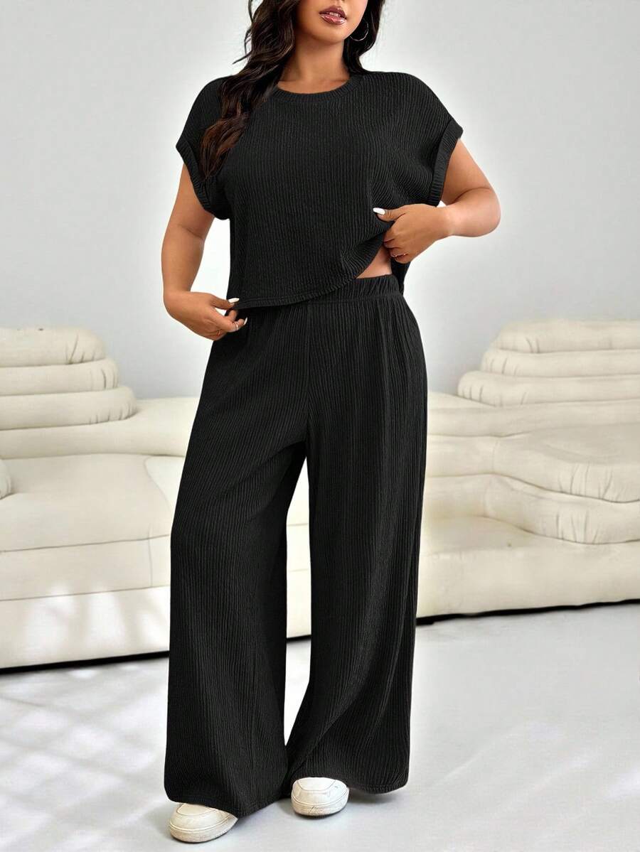 Solflare Bộ 2 món áo phông in họa tiết tay cánh dơi rộng rãi cỡ lớn + quần, trang phục thường ngày mùa xuân/hè - màu đen - Xem 1