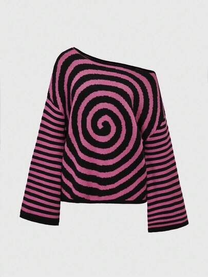 Fairycore Damen Mysteriöser Kreis Schwarz & Lila gestreifter Jacquard Pullover