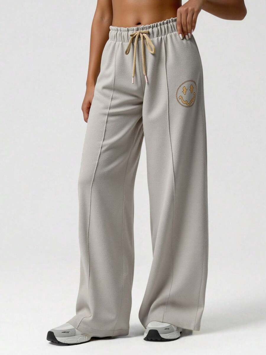 EURMUSE Solid Drawstring Waist Wide Leg Sweatpants With Smiling Pattern - Beige - View 1