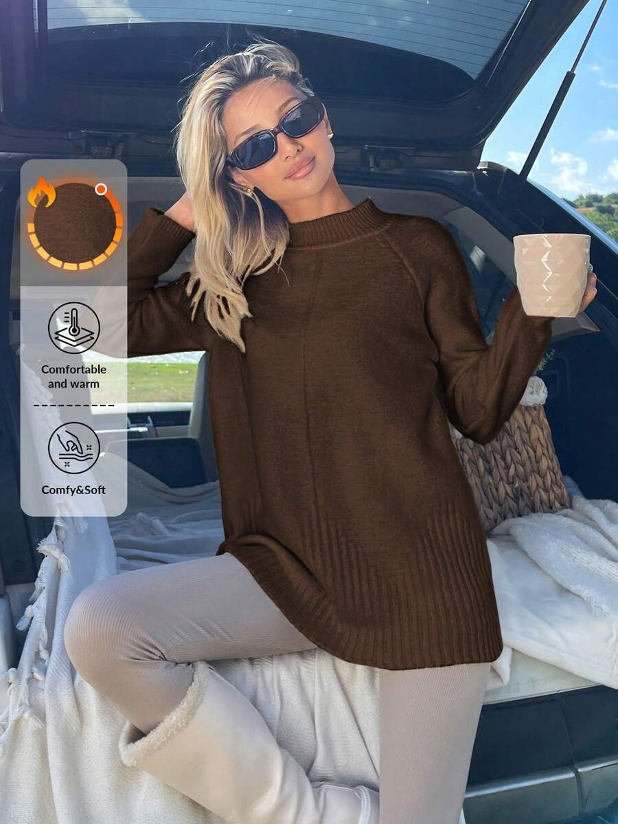 EURMUSE Women Solid Color Mock Neck Raglan Sleeves Sweater - Brown - View 1