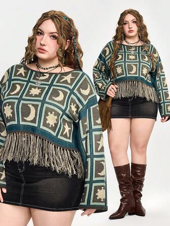 Chandail vert à manches longues avec franges géométriques lune et étoile style Fairycore, grande taille. pull à manches longues grande taille pour femmes, hauts pour l'automne/hiver