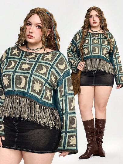 Maglione verde a maniche lunghe con frange a motivi geometrici luna e stelle in stile fairycore, taglie comode, maglione a maniche lunghe oversize da donna per autunno/inverno