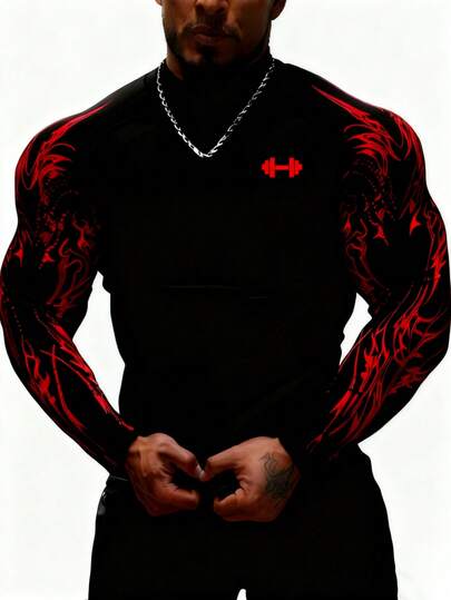 Manfinity Sport PWRUP Camiseta deportiva de manga larga de corte slim con estampado de color contrastante en toda la prenda para hombre