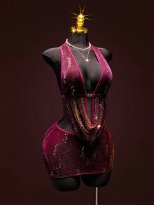 SHEIN ICON Women's Valentine's Day Burgundy Dark Red 2 Pieces Set Summer Night Out Club Rave Bling Glitter Sequin Halter Backless Top And Pleated Mini Skirt - Burgundy - View 10