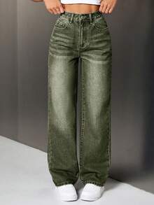 SHEIN Tall Fashionable Straight Loose Fit Jeans With Belt Loops, Tall Women - Green - View 2