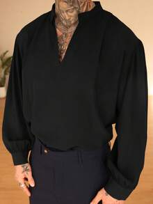 Manfinity AFTRDRK Men's Black V-Neck Puff Sleeve Casual Woven Shirt Black Long Sleeve Shirt Men