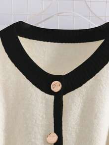 Franclia 女士杏色和黑色拼接圆领纽扣腰带长款针织毛衣连衣裙 - 彩色 - 查看 4