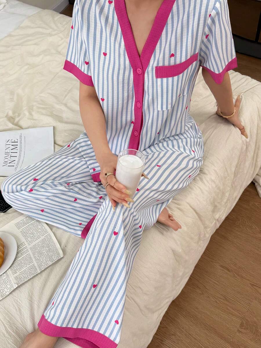 SHEIN 女士爱心条纹印花撞色短袖睡衣套装 - 彩色 - 查看 1