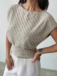 Firerie Women's Solid Color Simple Casual Crew Neck Short Sleeve Ribbed T-Shirt / Loose Top Fitted Bottom T-Shirt / Oatmeal Color T-Shirt