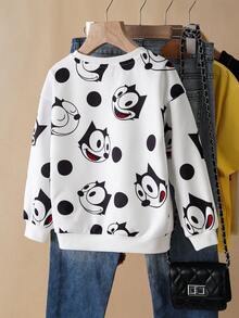 SHEIN Felix The Cat Young Girl Cartoon Print Cute Graphic White Long Sleeve Crew Neck Sweatshirt - White - View 2