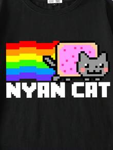 Nyan Cat X SHEIN 女士休闲宽松圆领短袖T恤，适合夏季