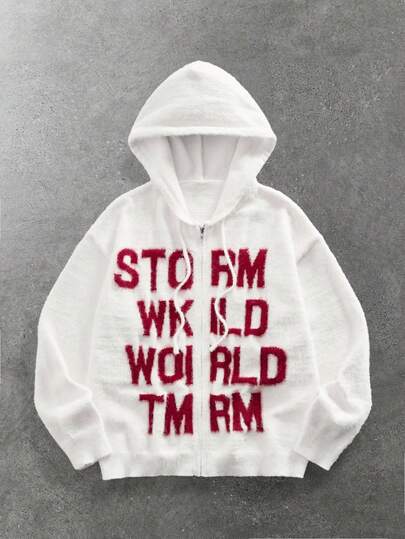 ROMWE MEN sweat-shirt à capuche zippé décontracté et avec slogan graphique, automne/hiver