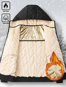 Manfinity Homme Men's Long Sleeve Autumn/Winter Hooded Black Padded Coat, Reflective Zipper, Embossed, Thermal Lining, Casual Loose Quilted Padded Coat , Men Outerwear - Black - View 5