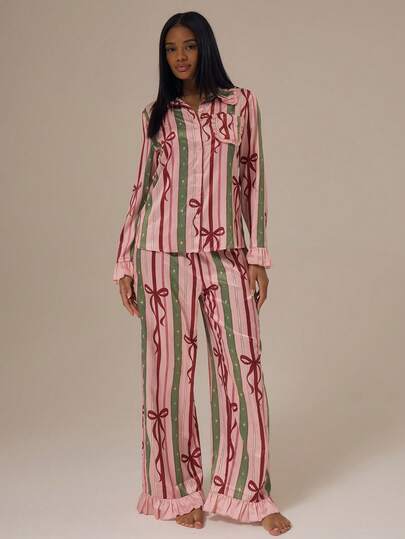 MUSERA ESSENTIALS 荷叶边蝴蝶结印花长袖翻领缎面睡衣衬衫，搭配松紧腰荷叶边长裤，多件装，冬季舒适可爱少女睡衣，春夏季节休闲居家服，春假假日必备