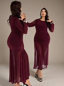 Auralis Damen Große Größen elegantes einfarbiges gerafftes figurbetontes transparentes Langkleid, geeignet für Herbst-Teegesellschaft, Valentinstag-Party, Konzerte, Dates