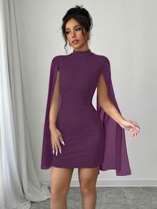 Selianne Vestido ajustado mini con capa de cuello alto,unicoloro - Morado - Ver 7