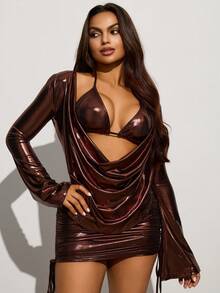 INAWLY Fashionable Sexy Plunging Neck Backless Long Sleeve Top And Drawstring Waist Skirt Set - Brown - View 1