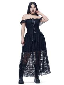 Coolane Plus Size Spring/Summer  Vintage Chic Date Night Punk Goth Y2K Rave Outfit Renaissance Fair Club Outfits Black Lace Off The Shoulder Long Dress - Black - View 4
