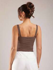 Silquee Áo hai dây nhún bèo màu trơn thanh lịch dành cho nữ, mùa hè - màu nâu - Xem 2