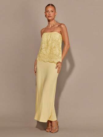 COSMINA Women's Elegant Lace Dress, Loose Strapless, Versatile Slip Dress For Dating, All Seasons