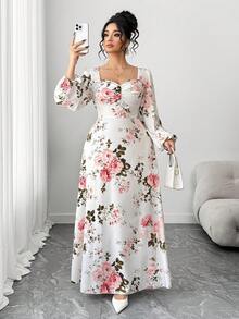 Elenzga 情人节加大码女士优雅方领泡泡灯笼袖碎花长裙，浪漫法式设计，喇叭裙摆，收腰显瘦，适合约会、休闲、度假、春夏穿着。 - 粉色 - 查看 3