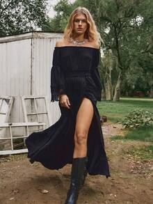 Freevana Women's Vacation Black Off-Shoulder Long Sleeve Cinched Waist A-Line Dress, Lace Trim Cuffs Loose Dress, Forest Style Autumn/Winter Dress Black Off Shoulder Dress - Black - View 11