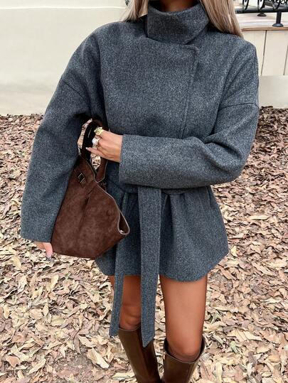 Siren Gaze Women's Elegant High Waist Tie-Up Solid Color Overcoat, Winter New Arrival Casual