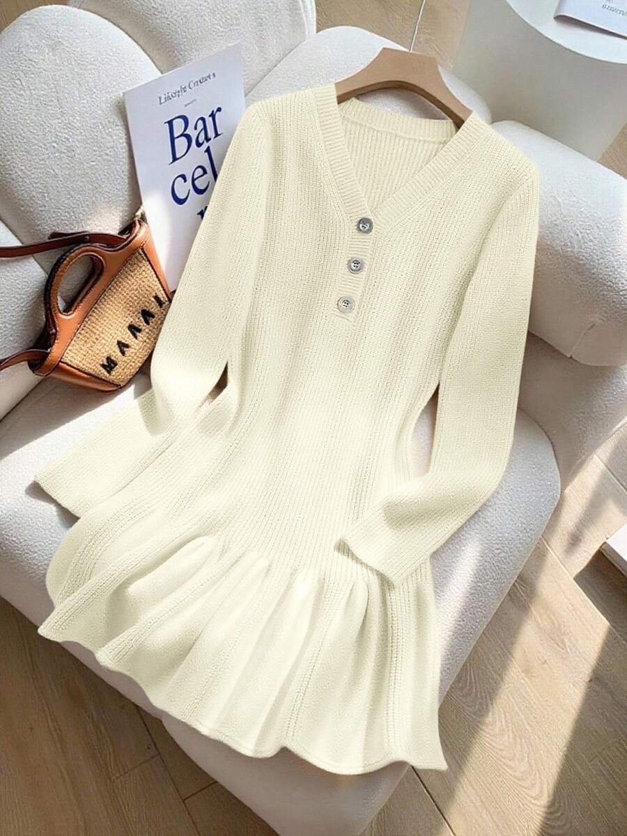 Franclia New Autumn/Winter French Style Waist Cinched Mermaid Hem Knit Dress - Cream - View 1