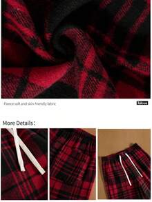 TOKVUE 男士休闲格子抽绳长裤，秋冬款 - 紅色 - 查看 5