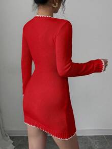 Rafferiza Vestido de Tricô com Coração Trançado, Recorte Contrastante, Novidade da Moda para o Dia dos Namorados 2024 - Vermelho e Branco - Visão 2