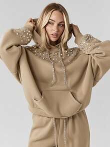 MISSGUIDED Rhinestone Embellished Pullover Hoodie With Crystal Details And Drawstring For Casual Streetwear Winter Fall Fashion - Khaki - View 5