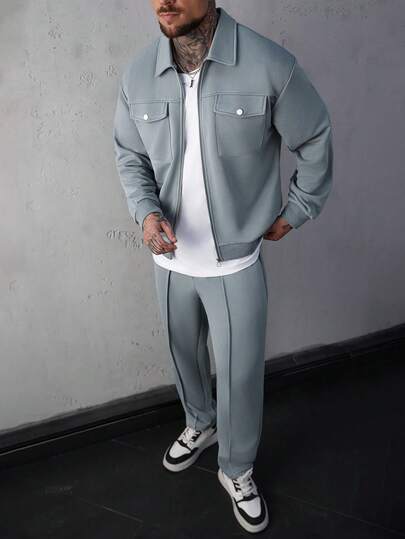 SLATEMANN Men's Solid Color Zip Front Pocket Jacket And Pants Casual Suit Mens 2 Piece Outfit Mens Co Ord Set Mens Grey And White Set Men Sweatsuits Outfit Mens Jogging Set Old Money,Daily Leisure, Weekend Trips, Outdoor Activities, Travel Expeditions, Relaxed Work Environments Or Semi-Formal Occasions, Boyfriend/Husband Gift, Anniversary /Birthday Gift Party Christmas New Years Men Casual Set Men 2 Piece Outfit Men Co Ord Set Men Gray Coordinates