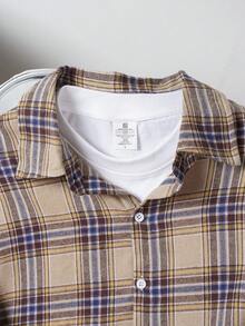 Manfinity Joysei Camisa casual de manga larga con botones y cuadros amarillos para hombre, otoño - Multicolor - Ver 3