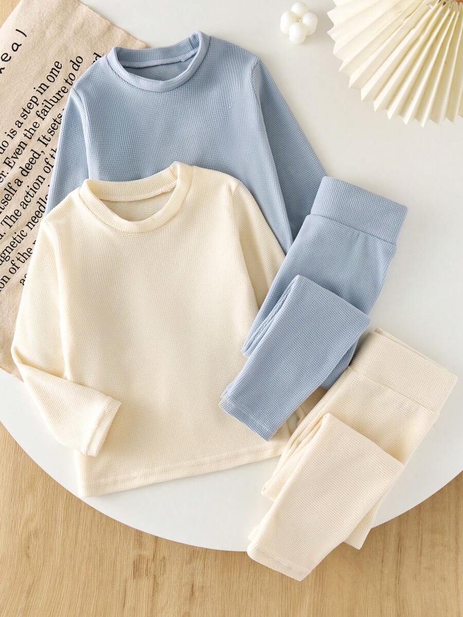 Toddler Girls 4-Piece Underwear Set - Blue White Self-Heating Fabric Thermal Underwear Set Solid Simple Design Blue White Fresh Color Self-Heating Warm Fabric Round Neck Long Sleeve Top Pants 4-Piece Combo Social Media Style Simple 2026 New Year Holiday Essential Little Girls Self-Heating Thermal Underwear 4-Piece Set