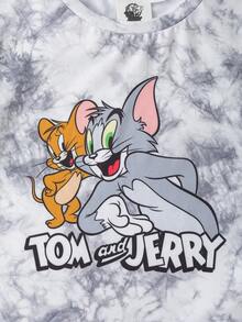 TOM & JERRY X SHEIN Young Boy Cartoon Tie-Dye Knit Loose Crew Neck Drop Shoulder Short Sleeve T-Shirt - Grey - View 4
