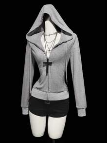 SHEIN ICON Damen Y2K einfarbiger Kapuzen-Reißverschluss-Grafik-Lässig-Vielseitig-Langarm-Sweatshirt, Winter für Frauen Grauer Reißverschluss-Sweatshirt Grau - Grau - Übersicht 7