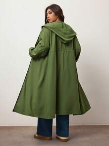 Enliva Women's Solid Drawstring Hooded  Long Sleeve Trench Coat Plus Size Hooded Jacket Plus Size Curve Fall Jacket Plus Size Olive Green Fall Jacket For Women, Winter, For Apple Rounded Body Shape - Army Green - View 3